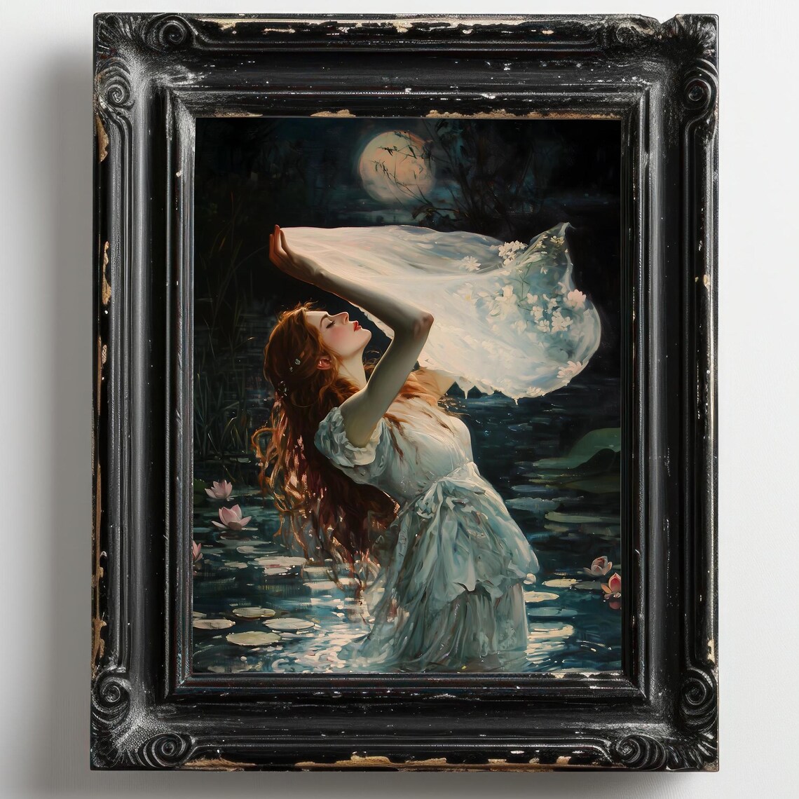 Redhead Woman Moonlit Lily Pond Sheer Veil Gothic Painting Poster - Image 2