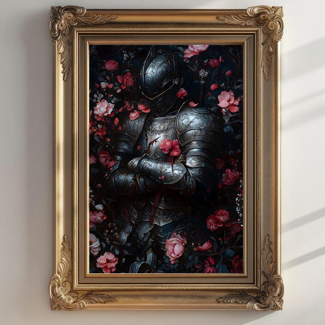 Medieval Knight In Armor Among Dark Red Roses Gothic Fantasy Wall Art - Image 2