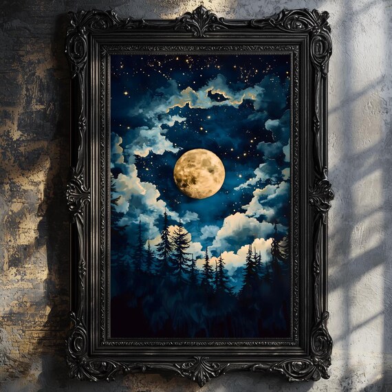 Celestial Full Moon Wall Art Print Moody Dark Forest Abstract Night Sky Stars Print Academia Decor Blue Gold Maximalist Moody Bedroom