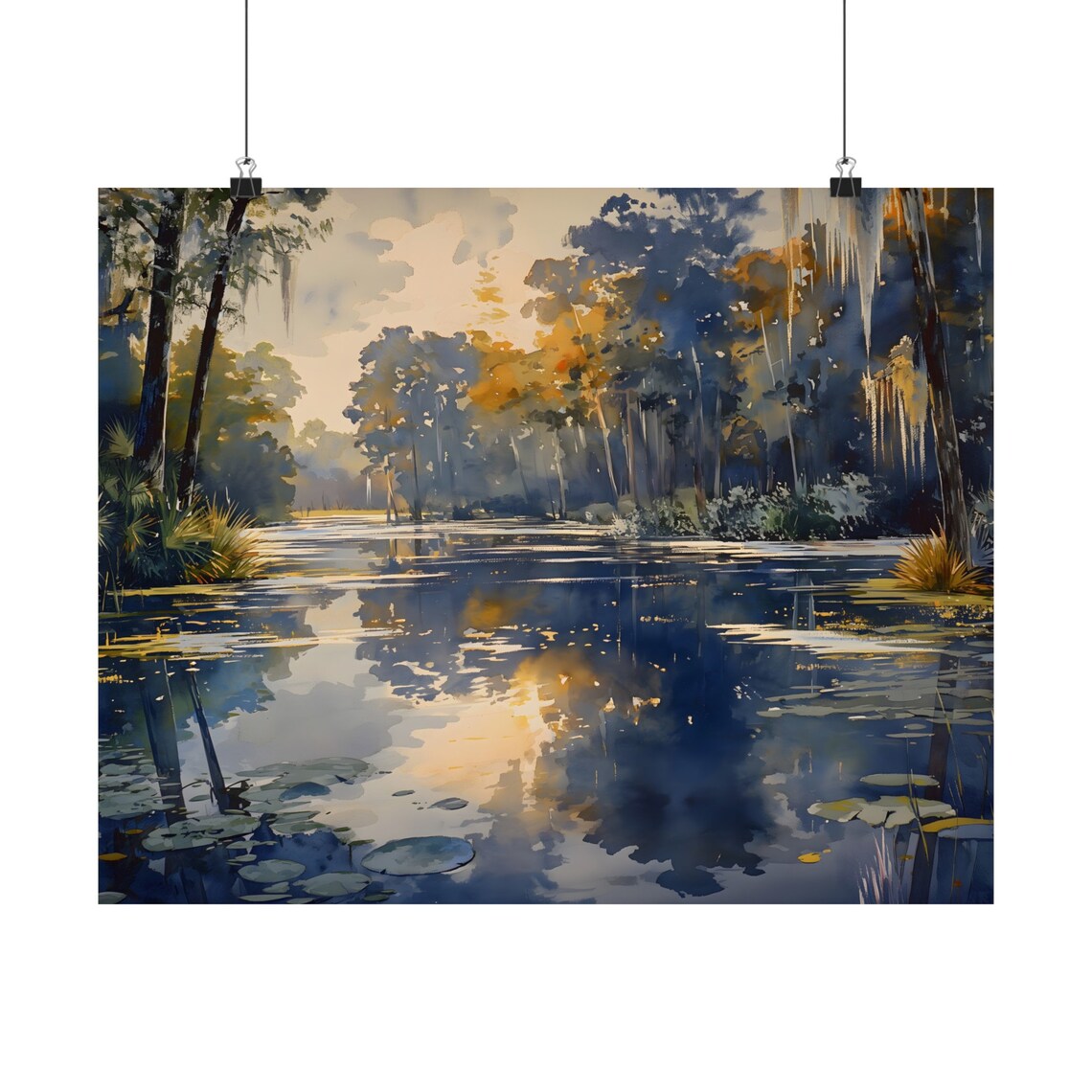 Sunset Cypress Swamp Lake Golden Reflection Watercolor Wetlands Art Print - Image 2
