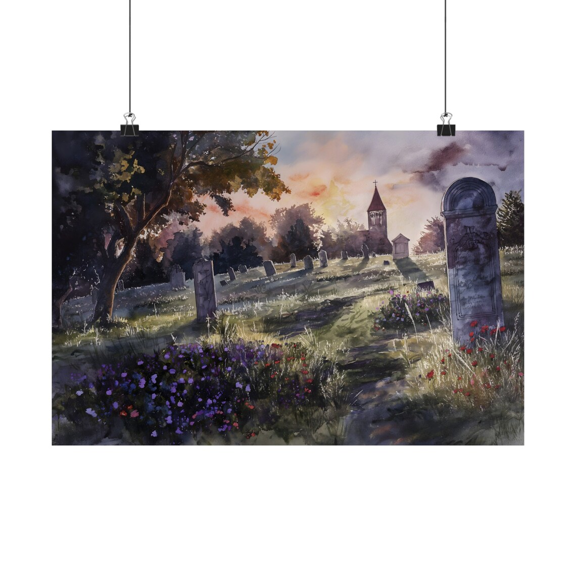Graveyard Wildflowers At Sunrise Watercolor Church Cemetery Art Print - Image 2