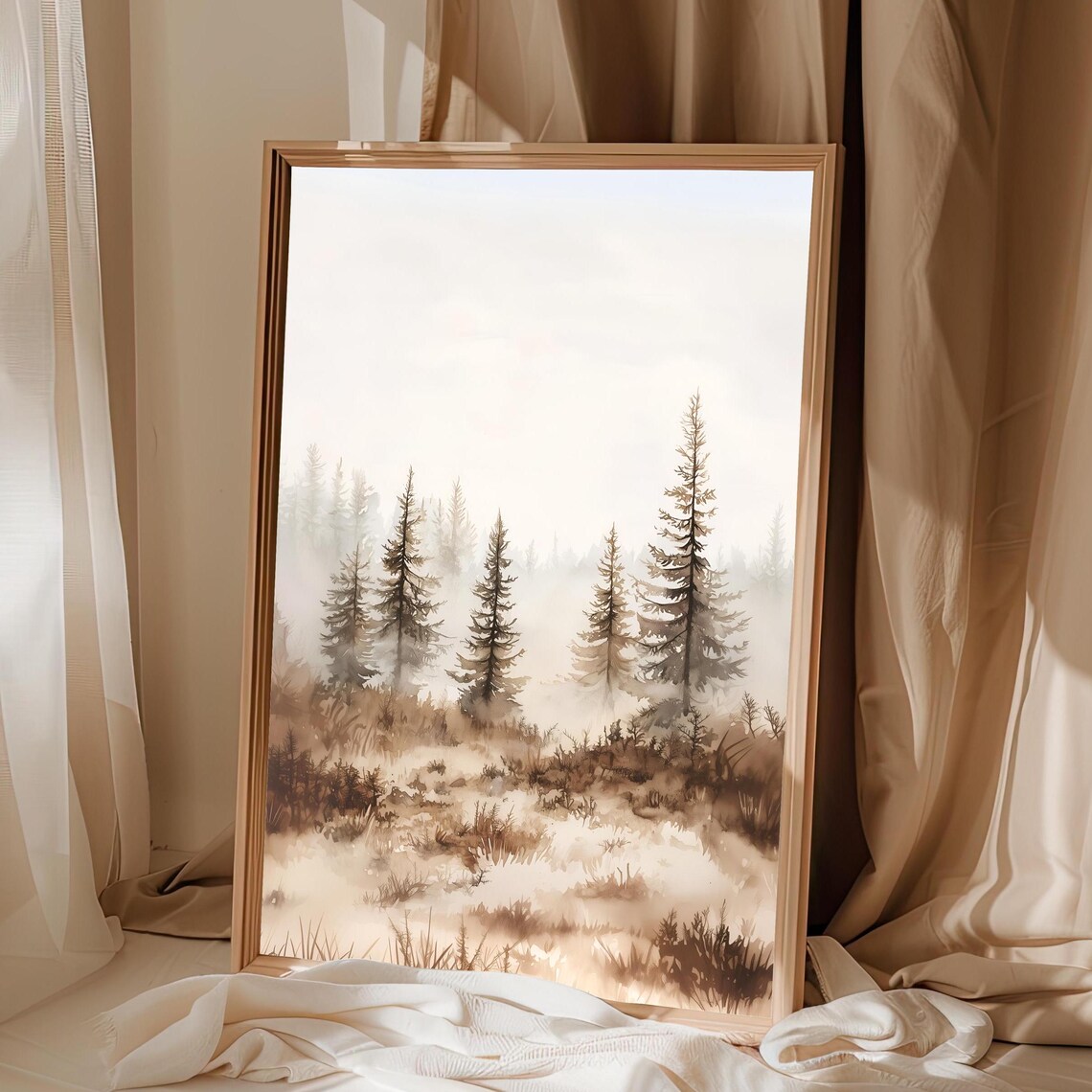 Misty Pine Forest Watercolor Sepia Foggy Woodland Landscape Art Print