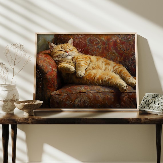 Orange Tabby Cat Sleeping Cozy Red Armchair Vintage Oil Art Poster