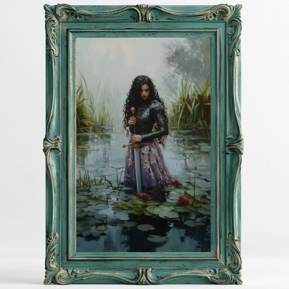 Female Knight Sword Misty Lily Pond Fantasy Gothic Oil Painting Print