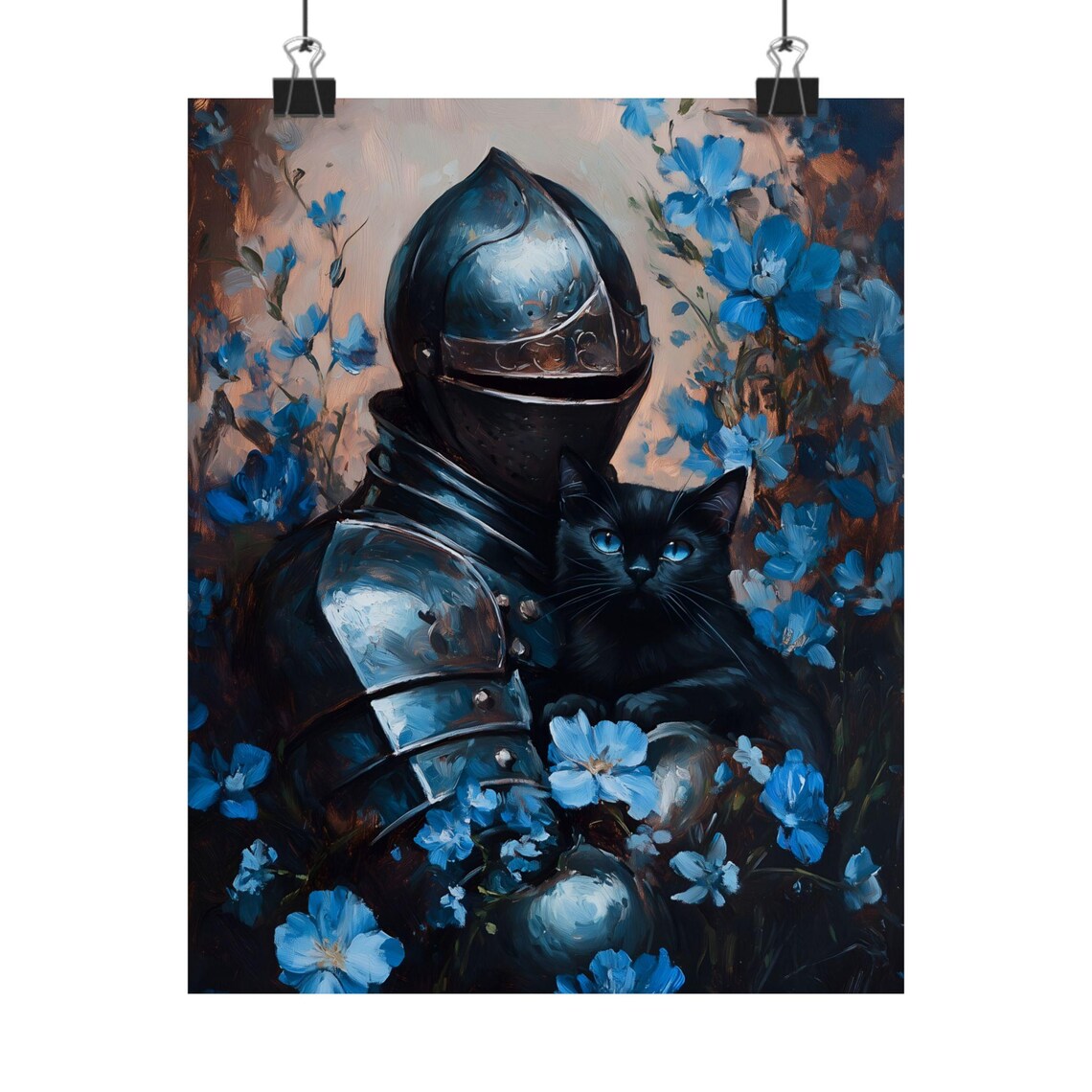 Knight In Armor Cradling Black Cat Blue Flowers Sunset Fantasy Pet Portrait Print - Image 2