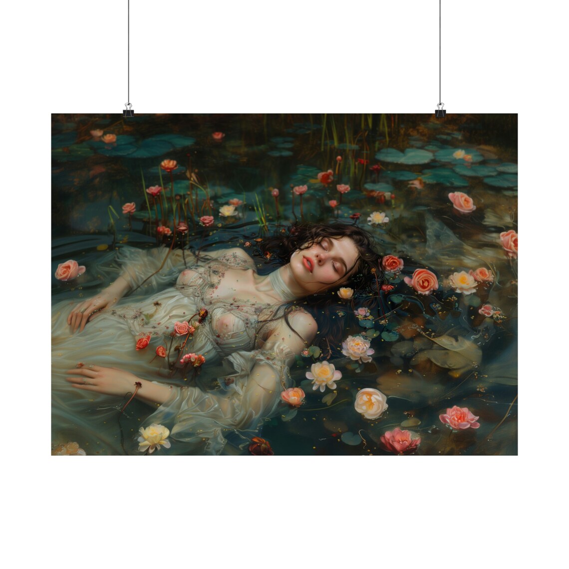 Ophelia Swimming With Flowers, Gothic Wall Art Print - Image 2