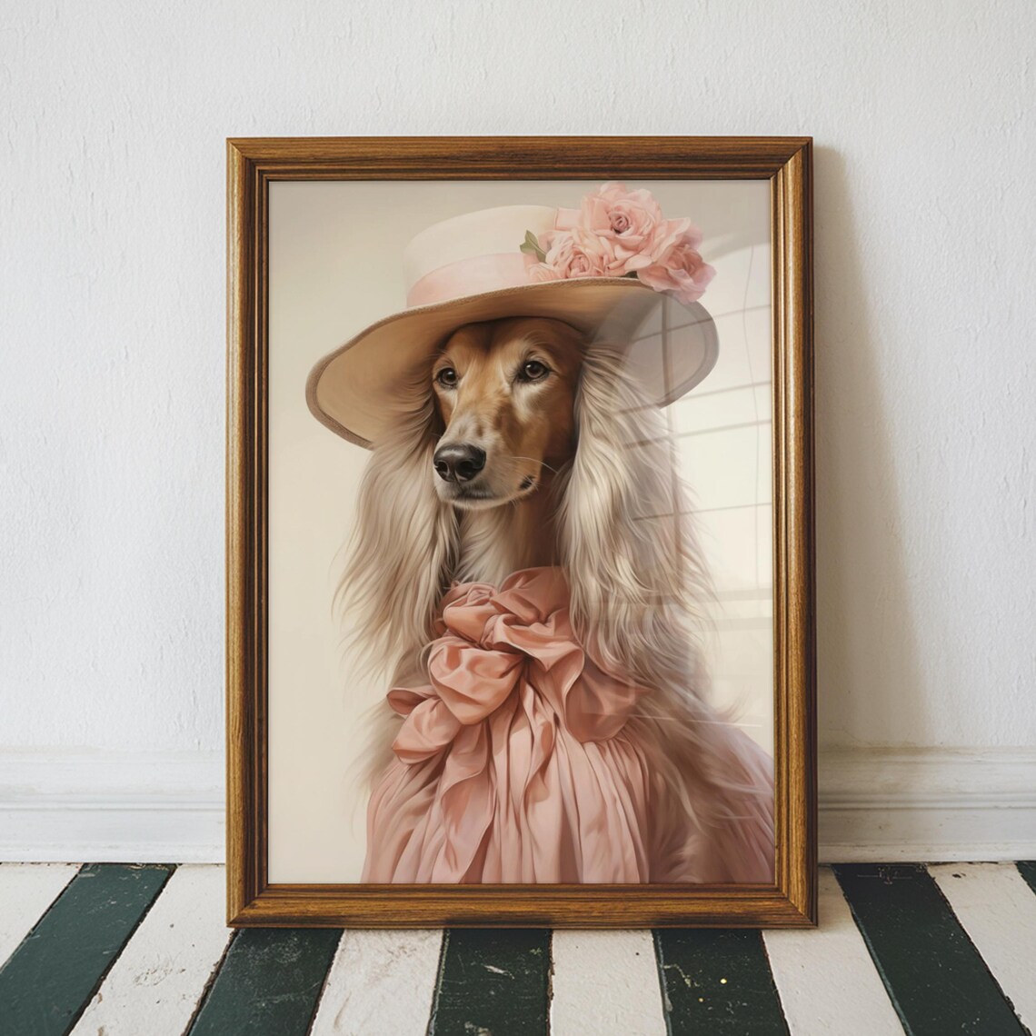 Afghan Hound In Floral Hat Pink Dress Vintage Dog Portrait Art Poster