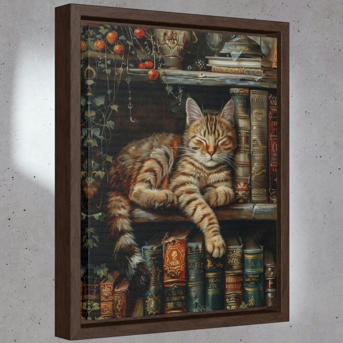 Sleeping Tabby Cat Bookshelf Antique Books Cozy Bookish Wall Art