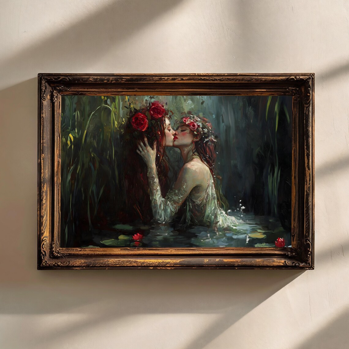 Two Red Haired Women Kissing In Dark Pond With Rose Crowns Impressionist Art Poster - Image 2