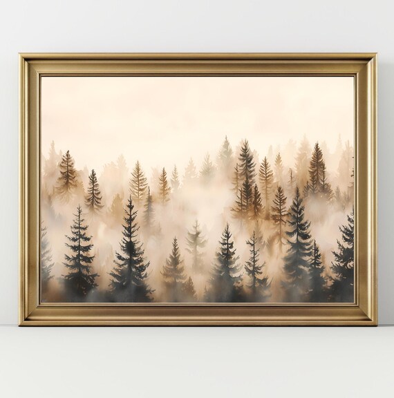 Pine Tree Forest Print Moody Foggy Landscape Vintage Pine Tree Forest Winter Landscape Print Misty Forest Fall Rustic Cabin Wall Decor