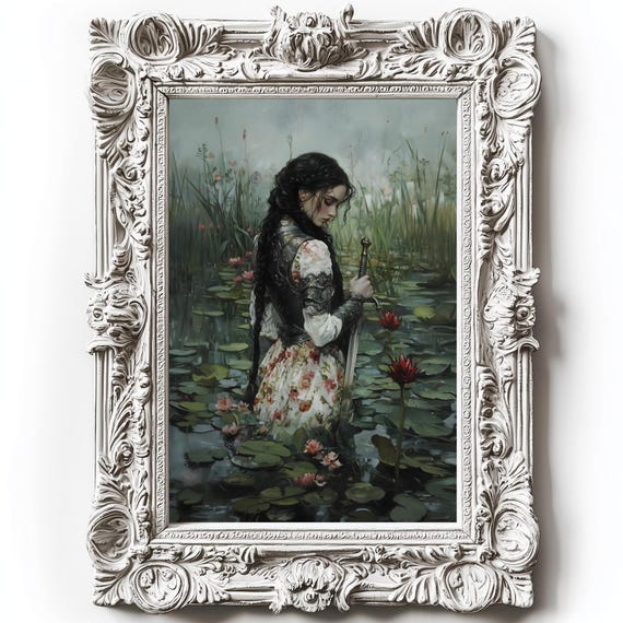 Female Knight Victorian Decor Dark Academia Print The Lake Goth Moody Victorian Wall Art Dark Decor Aesthetic Woman With Sword Print