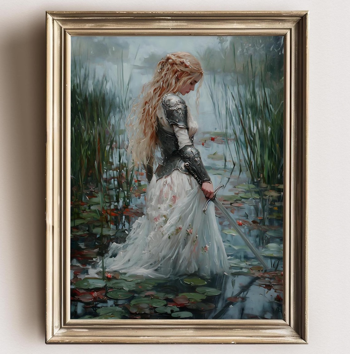 Victorian Woman With Sword, Moody Lake Art Print