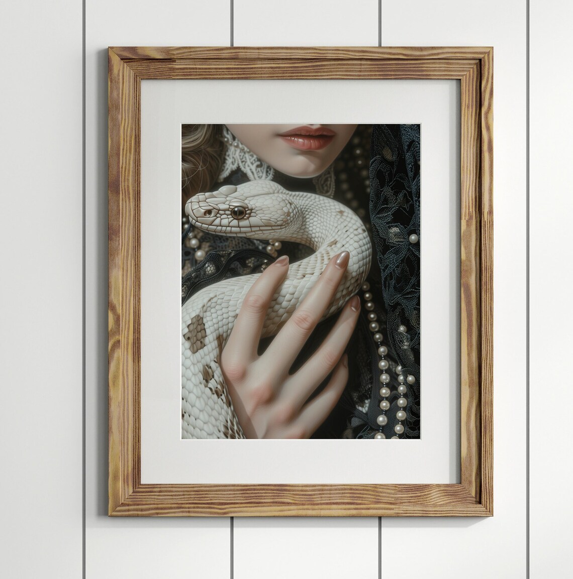 Woman Holding White Snake Black Lace Pearls Dark Moody Witchy Art Poster - Image 2