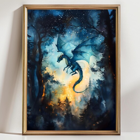 Forest Dragon Watercolor Art Vertical Poster Print Fantasy Art Forest And A Dragon Fantasy Painting Watercolor Illustration Dark Academia