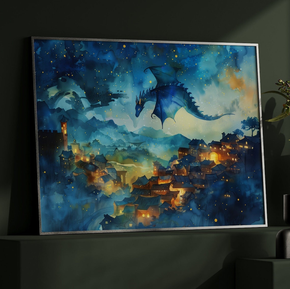 Blue Dragon Watercolor Art Poster, Dark Academia - Image 3