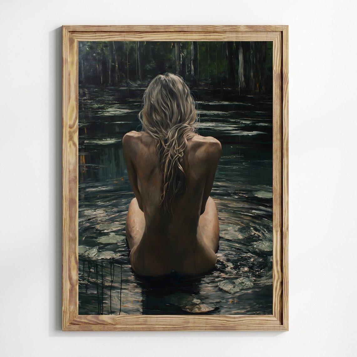 Woman Bathing In Dark Forest Lake Moody Water Nymph Painting Art Print