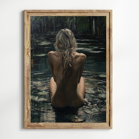 Woman Bathing In Dark Forest Lake Moody Water Nymph Painting Art Print