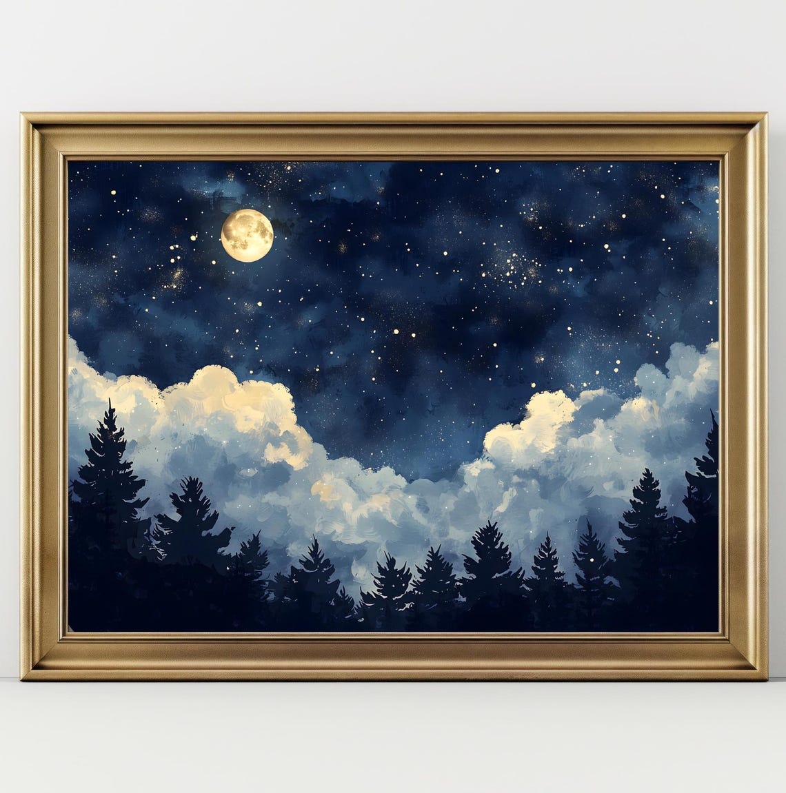 Full Moon And Stars Over Dark Pine Forest Night Sky Celestial Wall Art