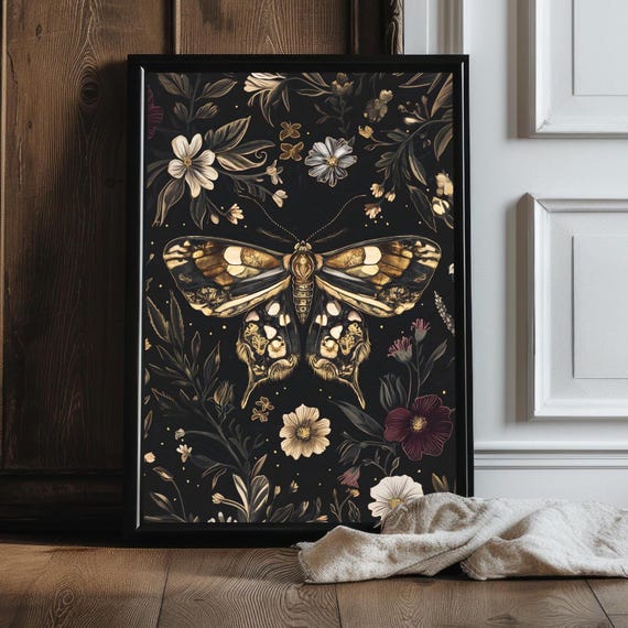 Moths And Flowers Botanical Illustrations Art Print Boho Aesthetic Poppy Art Print Dark Cottagecore Nature Print William Morris