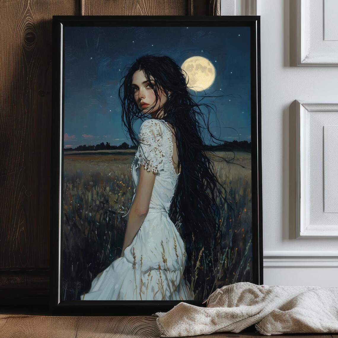 Moonlit Witch In White Dress Standing In Wheat Field Night Sky Art Poster - Image 3