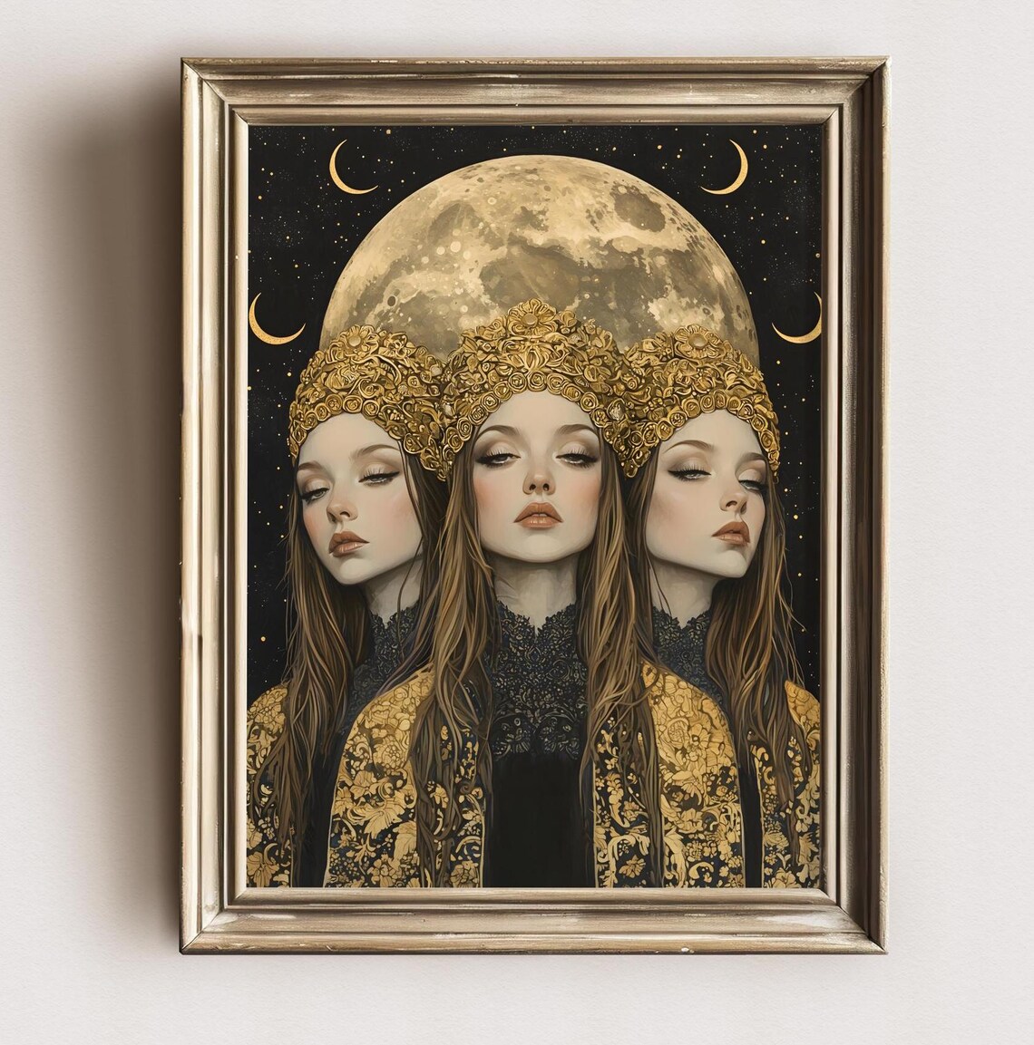 Selene Moon Goddess Triple Face Golden Crown Night Sky Art Poster - Image 2