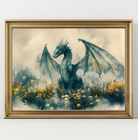 Dragon Watercolor Art Horizontal Poster Print Fantasy Art Forest And A Dragon Fantasy Painting Watercolor Illustration Dark Academia