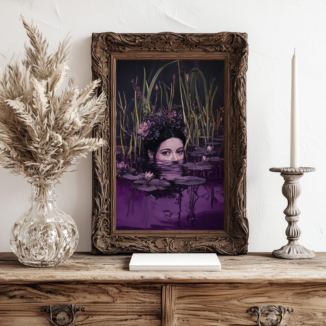 Flower Crowned Woman Submerged in Purple Night Water Art Print - Image 2