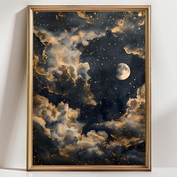 Celestial Wall Art Print Moody Dark Abstract Night Sky Stars Print Academia Decor Blue Gold Maximalist Moody Bedroom Print