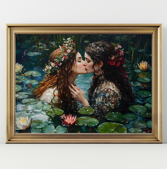 Love Queens Kissing Lily Pond Sapphic Romance Oil Painting Art Print