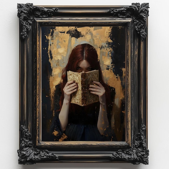 Red Haired Woman Hiding Behind Antique Book Gold Black Bookish Art Poster