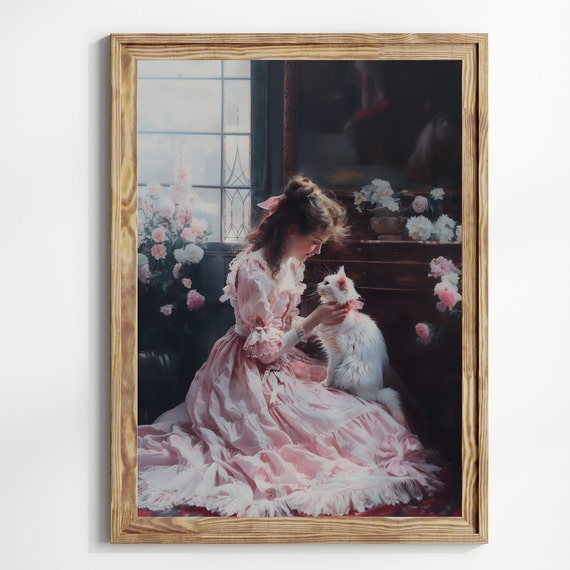 Victorian Coquette Cat, Light Academia Art Print
