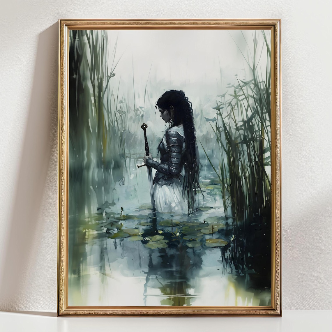 Armored Woman in Profile With Sword in Misty Lily Pond Art Print