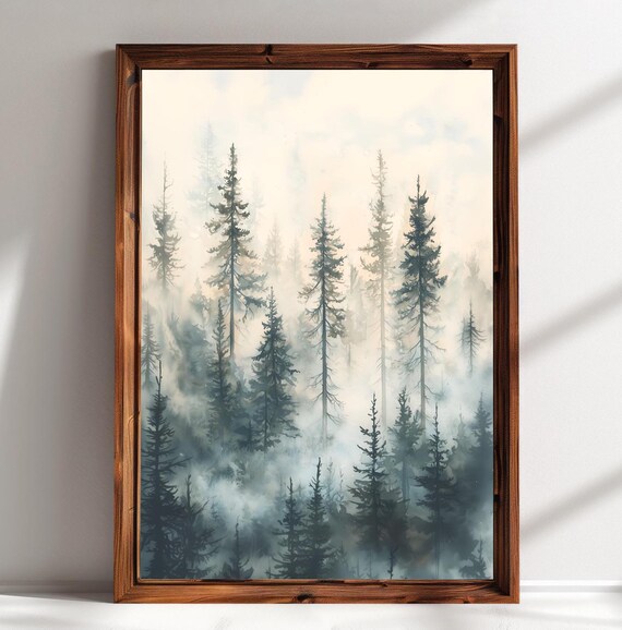 Pine Tree Forest Print Moody Foggy Landscape Vintage Pine Tree Forest Winter Landscape Print Misty Forest Fall Rustic Cabin Wall Decor