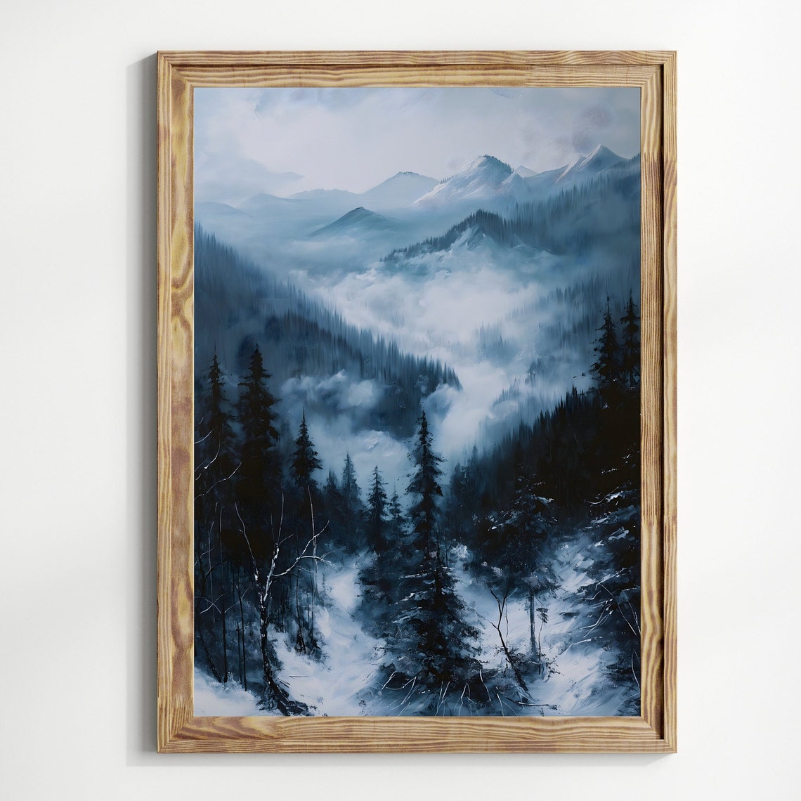 Misty Snowy Mountain Forest Winter Landscape Blue Tones Travel Poster - Image 2