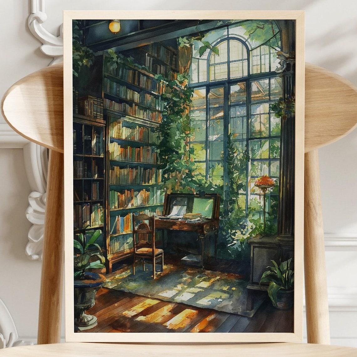Sunlit Greenhouse Library Bookshelves Arched Windows Bookish Art Print - Image 5