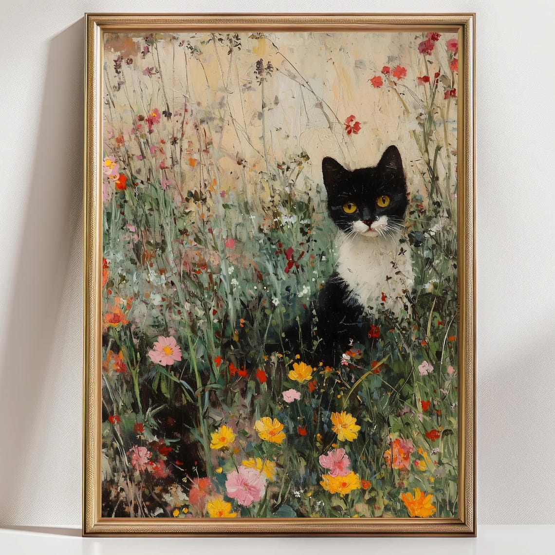 Cat Floral Painting Vintage Cottagecore Art Flowers Landscape Painting Animal Art Print Vintage Print Cat Wall Art Cat Lover Gift