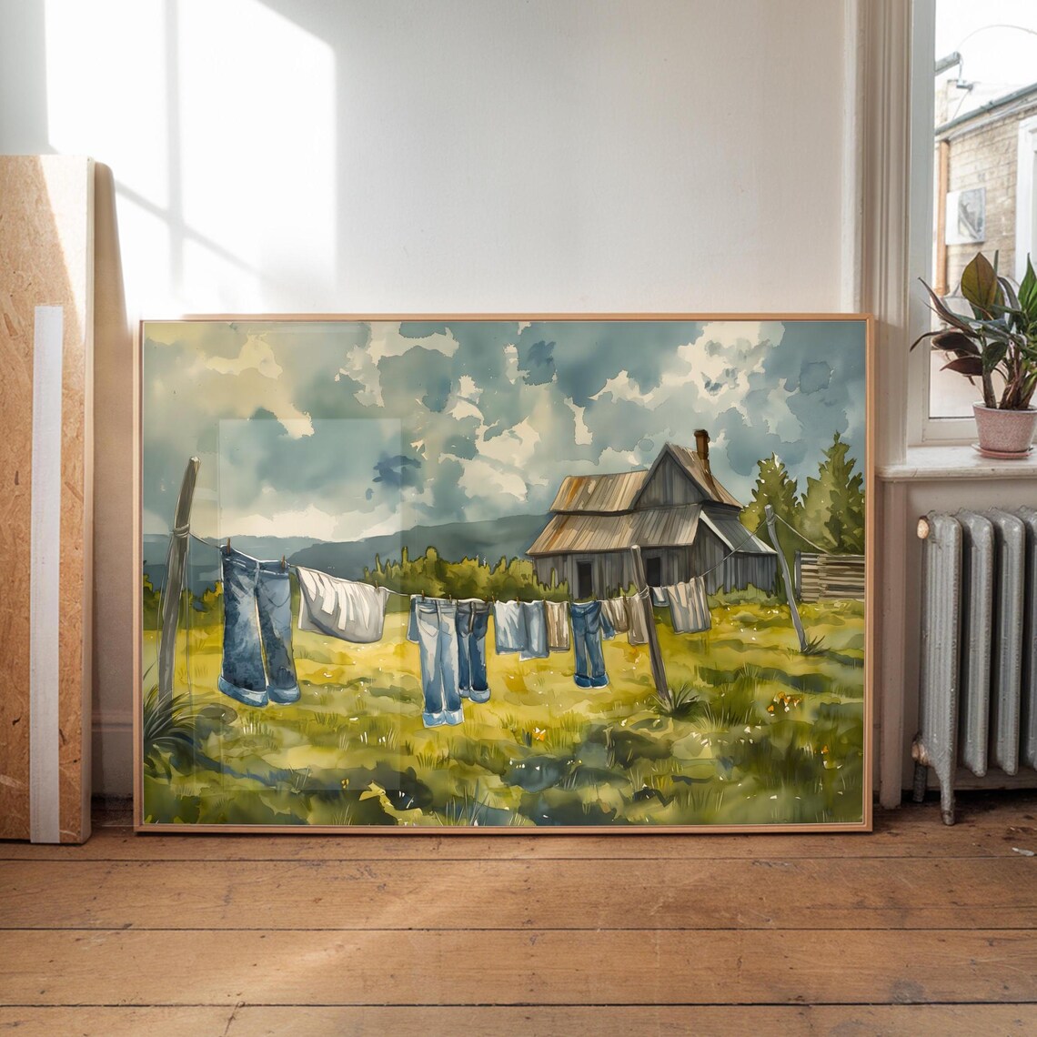 Jeans on a Clothesline by Old Barn Sunny Farm Watercolor Poster - Image 3