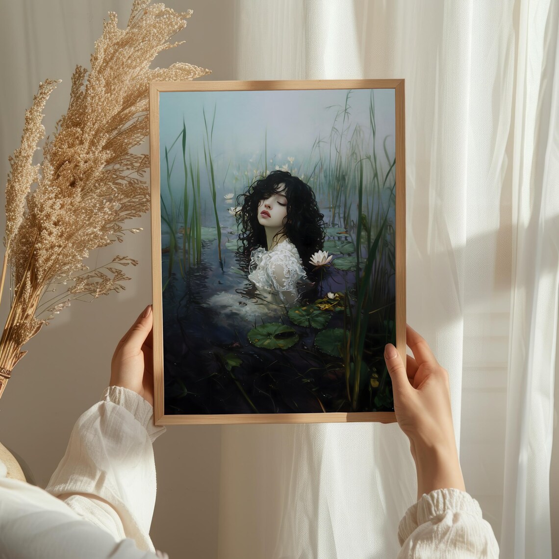 Woman in White Lace Emerging From Misty Lily Pond Dark Print - Image 2