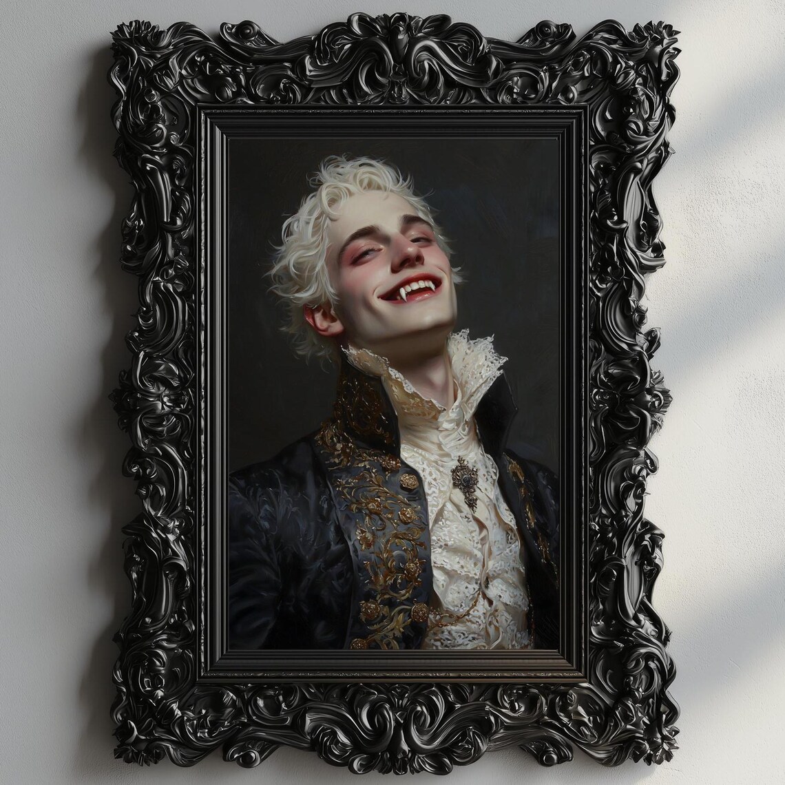 Blonde Vampire Smiling Fangs Gold Embroidered Coat Gothic Portrait Poster