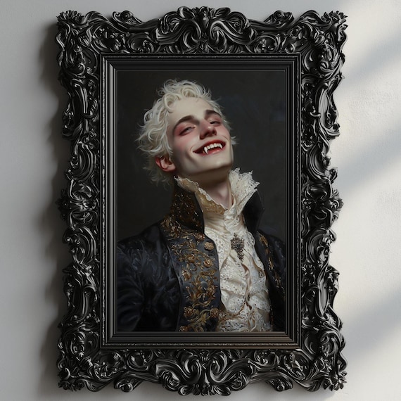 Blonde Vampire Smiling Fangs Gold Embroidered Coat Gothic Portrait Poster