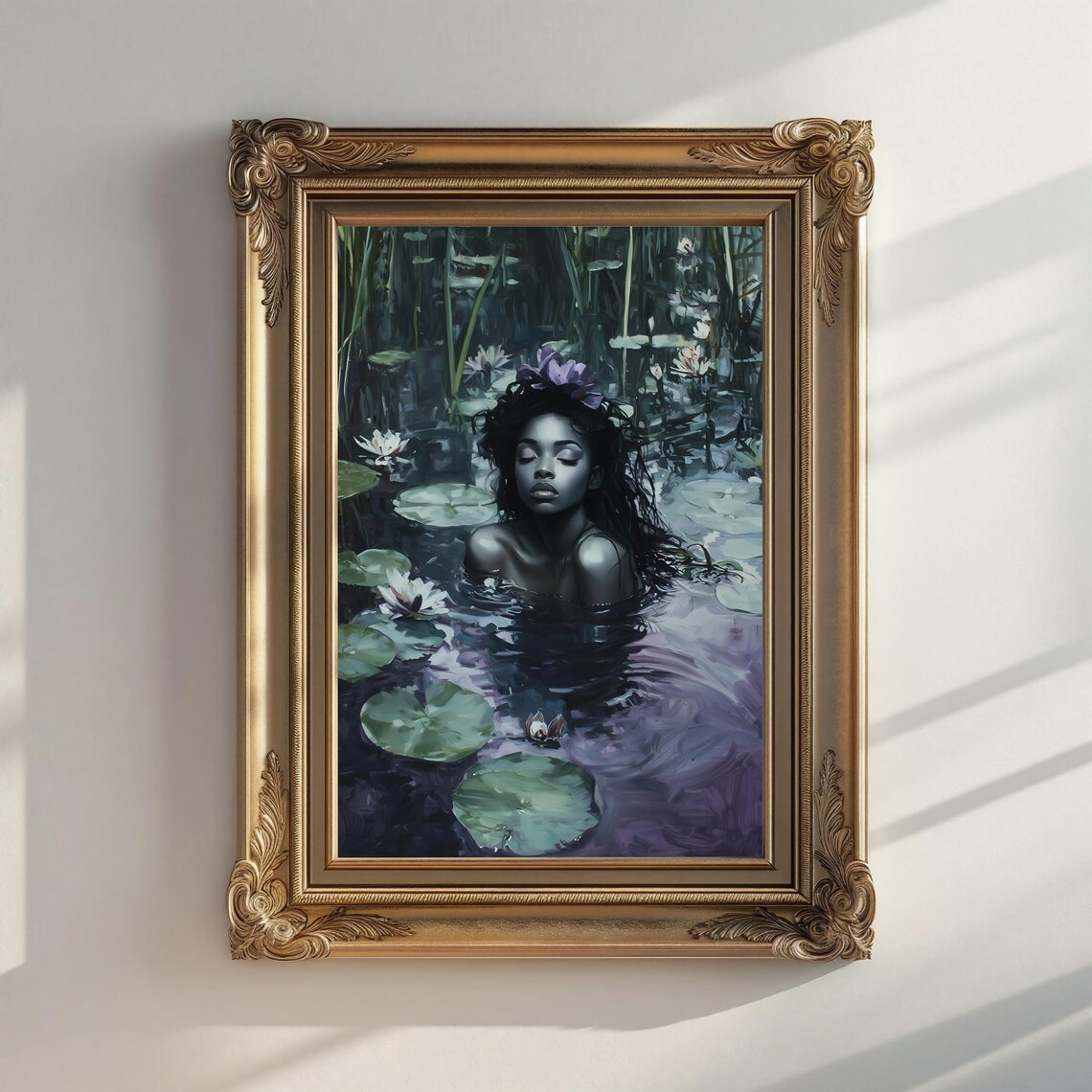 Black Woman With Purple Flower Crown in Dark Lily Pond Art Print - Image 2