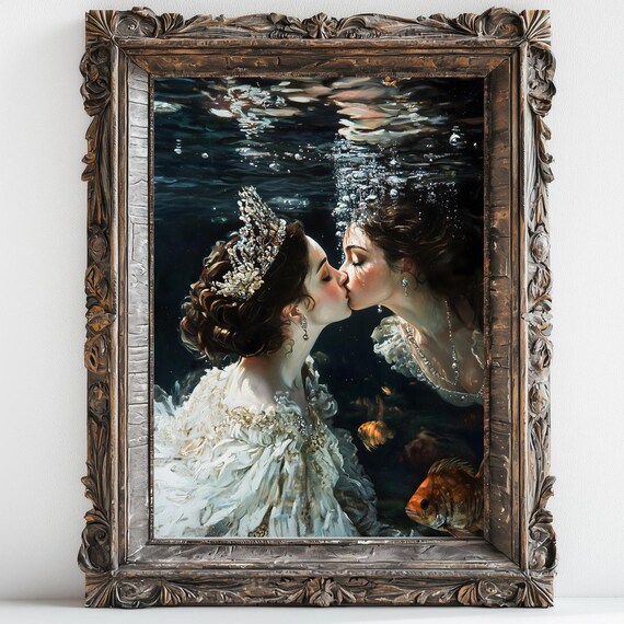 Crowned Queens Kissing Underwater White Lace Gowns Dark Romantic Gothic Art Poster
