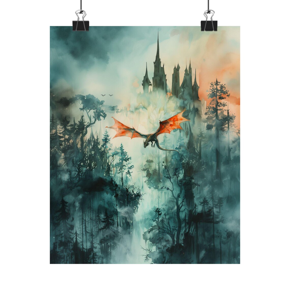 Forest Dragon Watercolor Vertical Wall Art Print - Image 2