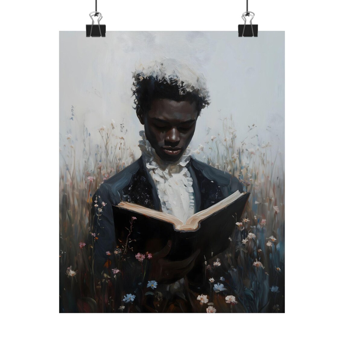 Young Gentleman Reading In Misty Wildflower Field Soft Victorian Art Poster - Image 2
