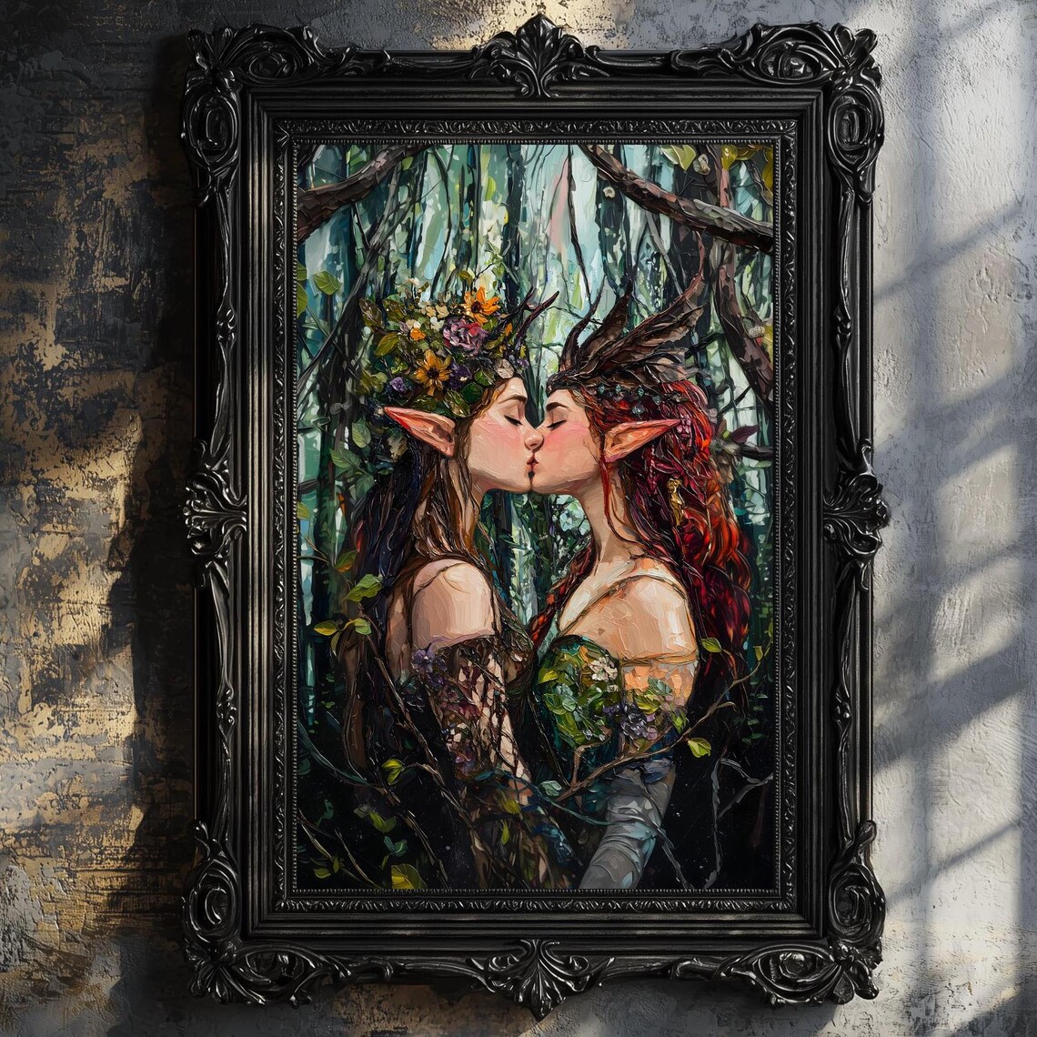 Two Elven Women Kissing In Enchanted Forest Pointed Ears Flower Crowns Fantasy Poster - Image 2