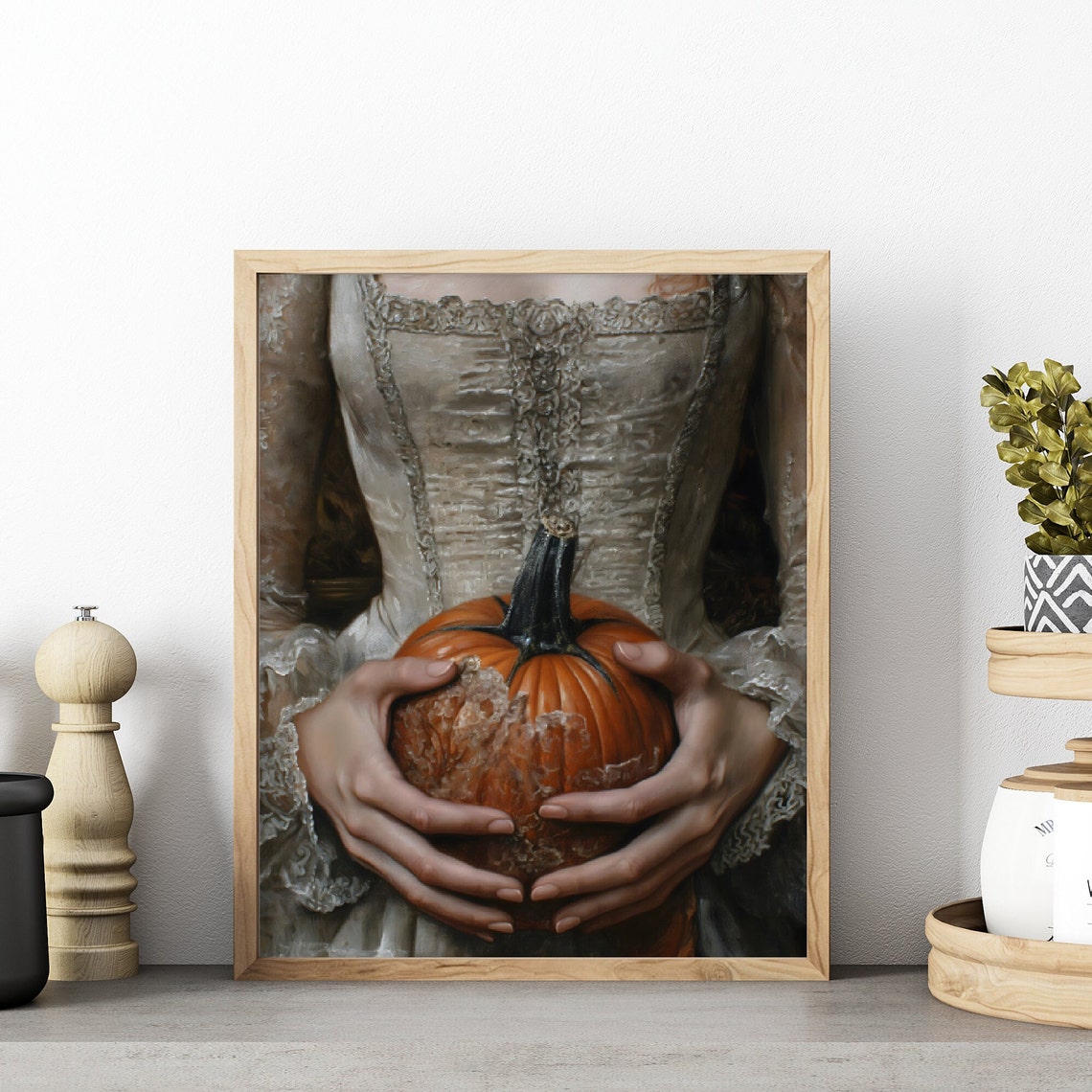 Victorian Woman Holding Pumpkin Dark Moody Halloween Autumn Art Print - Image 2