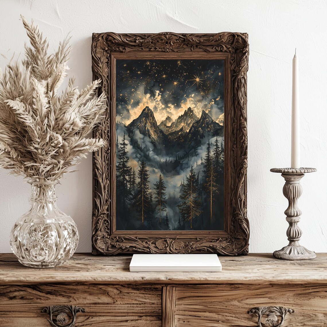 Moody Celestial Night Sky Art Print, Mountain Silhouette - Image 3