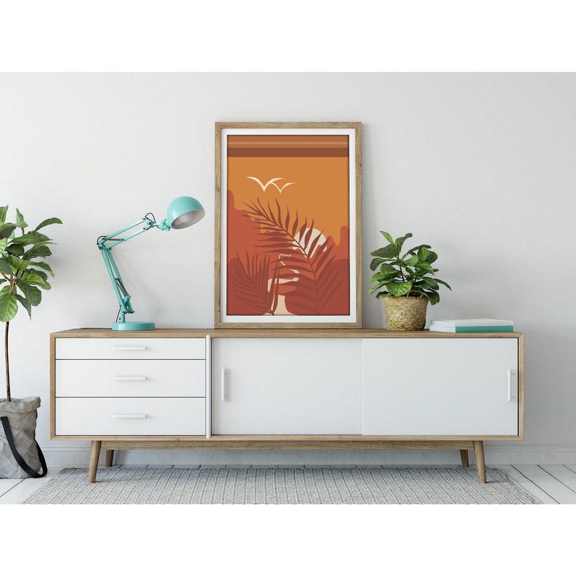 Tropical Sunset with Palm Leaves and Birds Orange Art Poster - Image 3