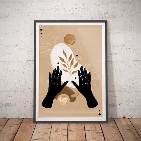 Black Hands Cradling Gold Branch Organic Form Poster for Modern Home Decor
