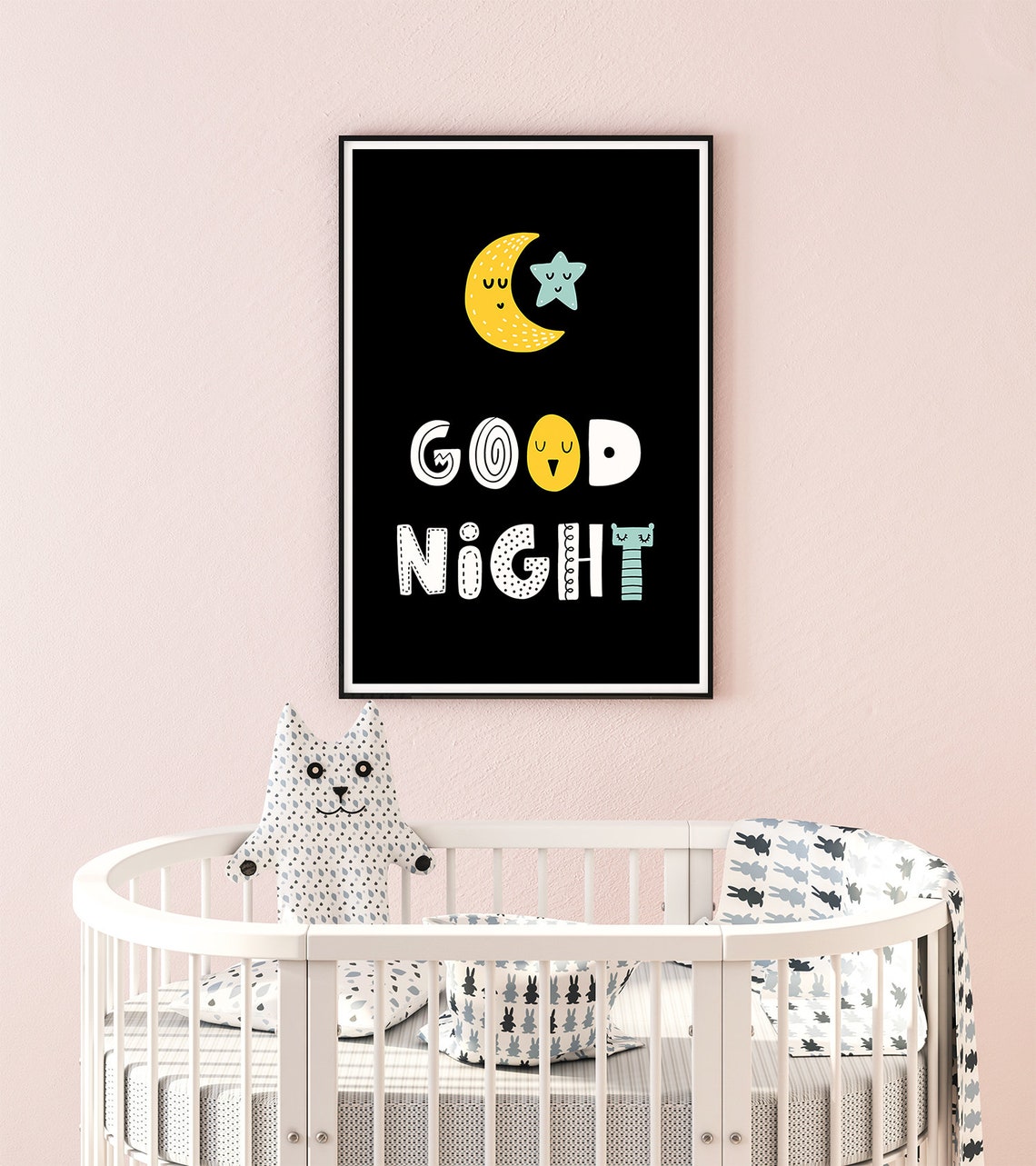 Good Night Moon And Star Nursery Poster Black Night Kids Bedroom Decor - Image 2